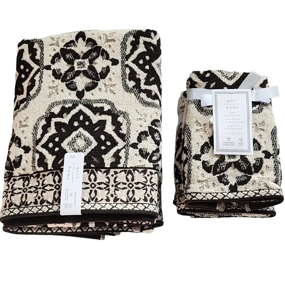 Peri Home Moroccan Tiles 6pc Cotton Towels Black Beige Set 2 Bath 2 Hand 2 Tip